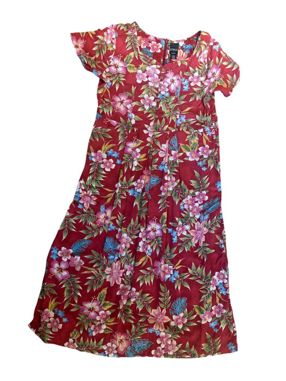 Vintage Erika Womens Dress L Floral Red Maxi Button Front Aloha Granny Core